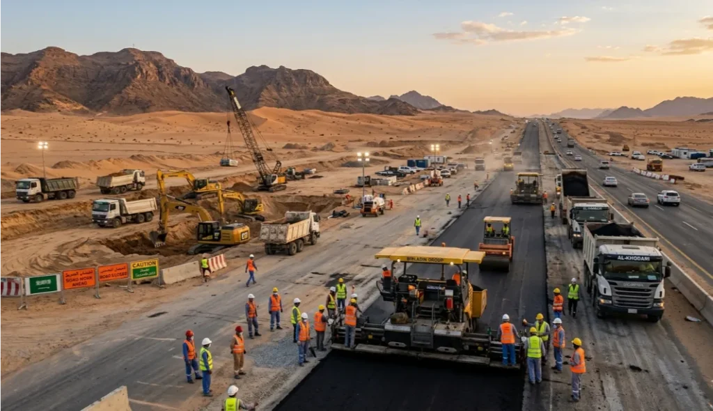 Asphalt paving works by road contractor Riyadh on an urban dual carriageway