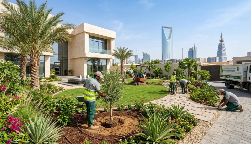 Professional landscape contractor in Riyadh installing green garden at a commercial site in Saudi Arabia
