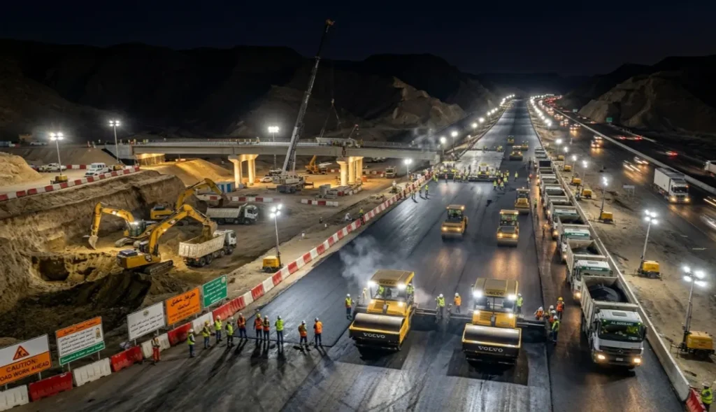 FSAK road construction company Saudi Arabia working on a major highway project in Riyadh