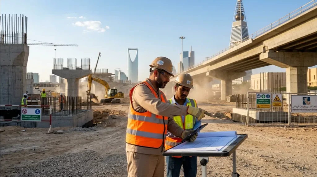Civil works team conducting earthworks and site grading in Saudi Arabia
