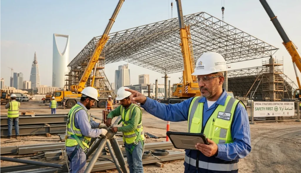 Special structures contractor in KSA working on steel frame industrial facility in Riyadh