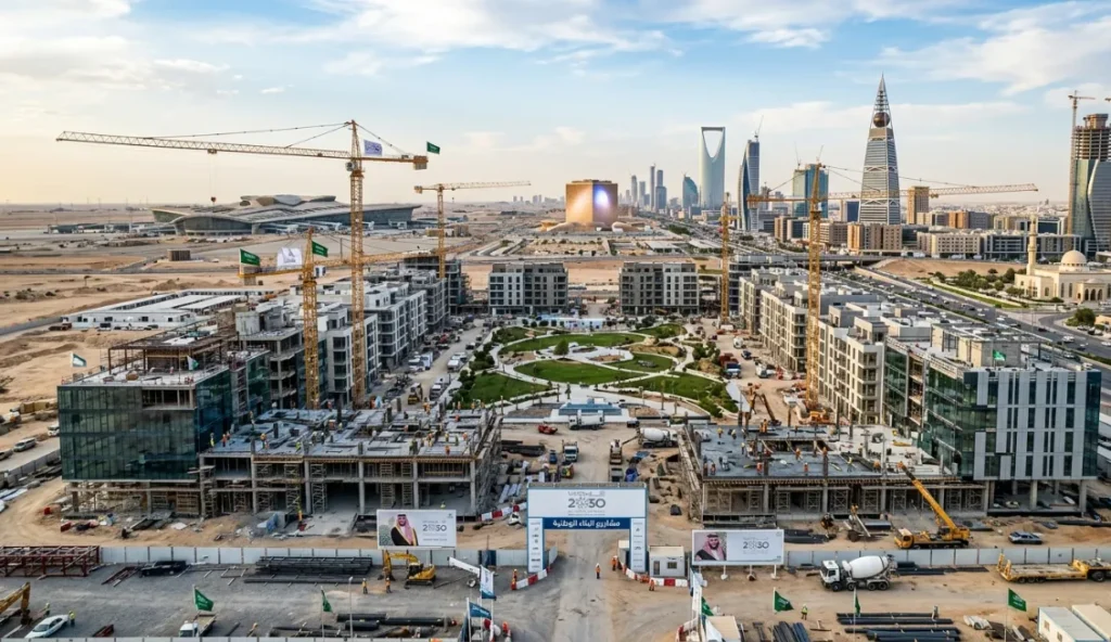 The Role of Vision 2030 Construction in Saudi Arabia Boom 1 Major giga projects construction sites including NEOM and Qiddiya in Saudi Arabia