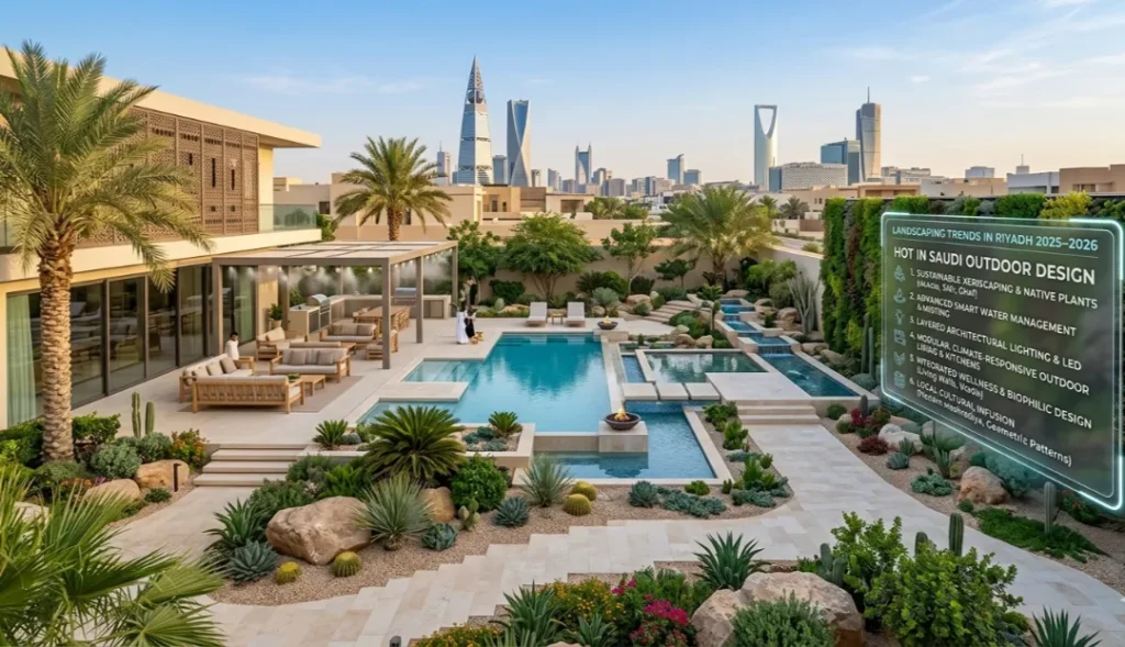 Landscaping trends Riyadh 2026 showing a modern Saudi garden design with native plants and smart irrigation