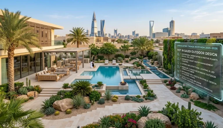 Landscaping trends Riyadh 2026 showing a modern Saudi garden design with native plants and smart irrigation