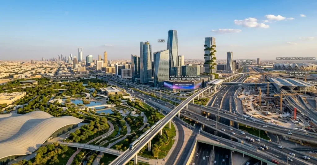 Aerial view of major infrastructure projects in Riyadh 2025 across the skyline