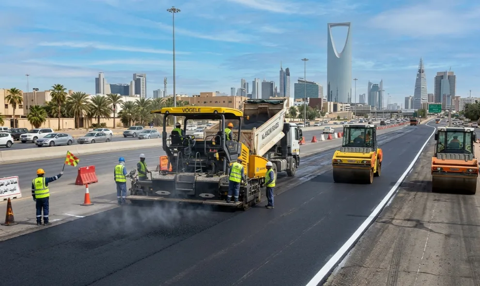 FSAK paver laying hot mix asphalt on a Riyadh road