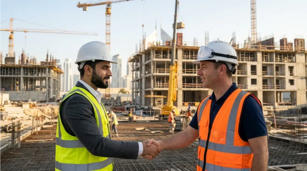 Construction Costs in Saudi Arabia 2025-2026: What to Budget 2 Handshake between engineers on a construction site in Saudi Arabia, where construction cost in Saudi Arabia are rising