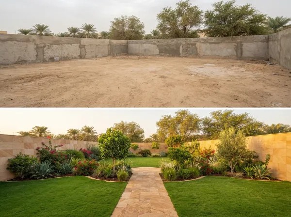 How to Choose a Landscape Contractor in Saudi Arabia: Complete Checklist 2 Before and after photos of a compound landscaping transformation completed by a Saudi landscape contractor, showing softscape and hardscape installation