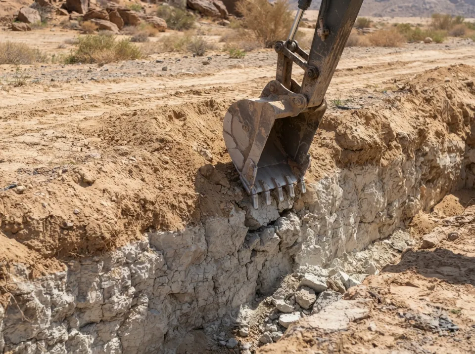 Landscape Earthworks in Saudi Arabia: Site Preparation for Outdoor Projects 2 Caliche soil layer being broken during Riyadh landscape ground preparation