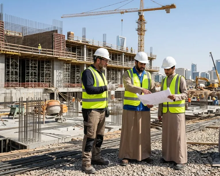 Three engineers in hard hats and safety vests review blueprints at a construction site with a tower crane and city skyline.