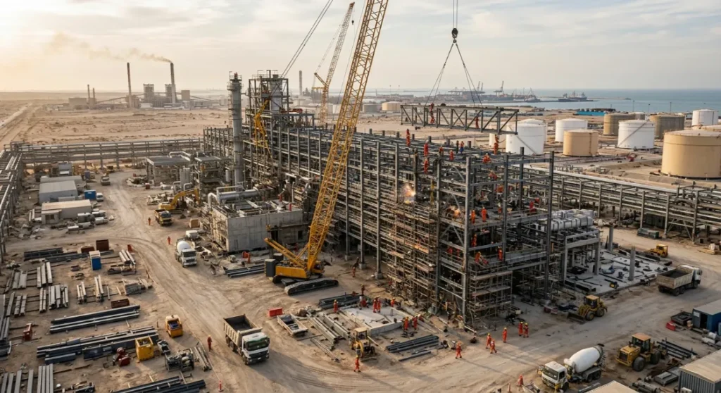 Aerial view of a coastal industrial construction site with workers and cranes at sunset.