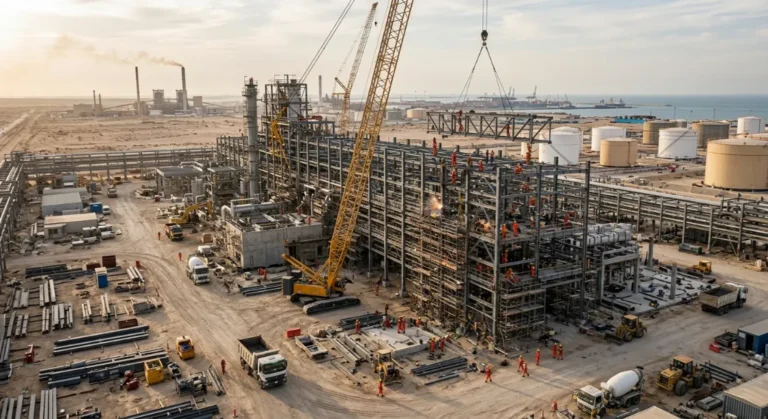 Blog 6 Aerial view of a coastal industrial construction site with workers and cranes at sunset.