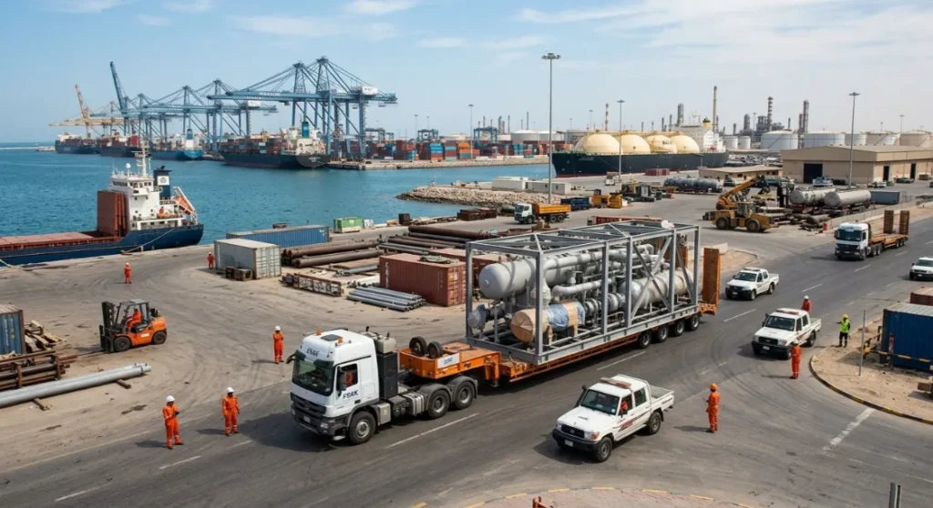 Oil and Gas Adjacent Construction in Dammam: Safety and Compliance Standards 2 A miniature scale model of a heavy truck transporting industrial gas equipment through a port. KSA
