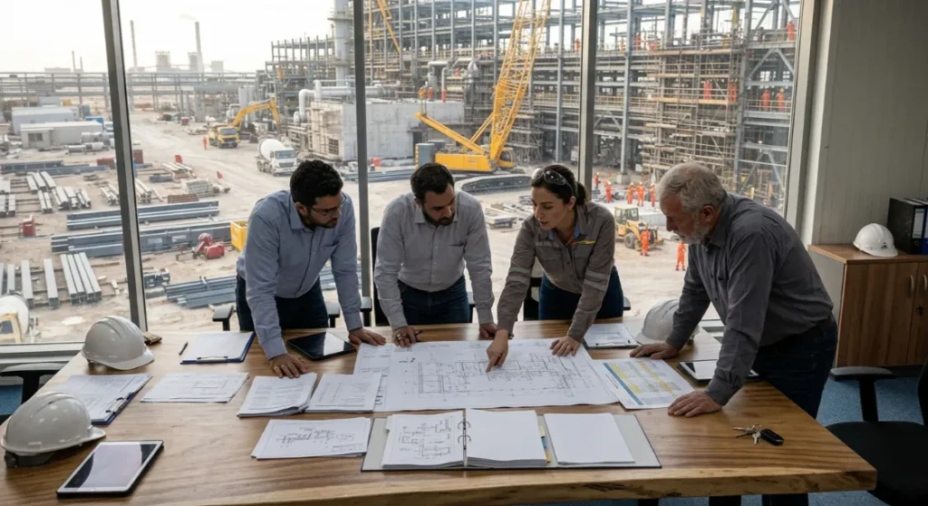 Group of engineers reviewing construction blueprints in a conference room overlooking an active industrial site.