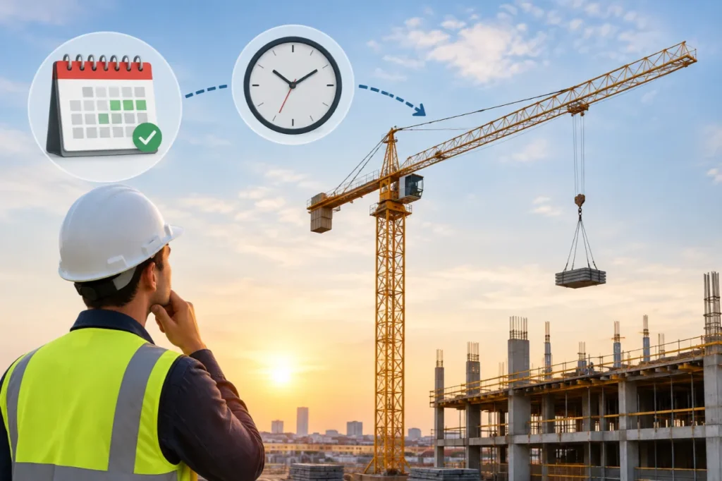 Construction worker planning crane rental duration at a building site with a tower crane lifting materials.