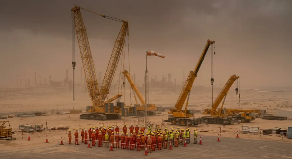 Crane Rental in Jubail Industrial City: Specifications and Safety Requirements 2 Industrial cranes operating under hazy, dusty skies with a visible windsock at a site in Jubail.