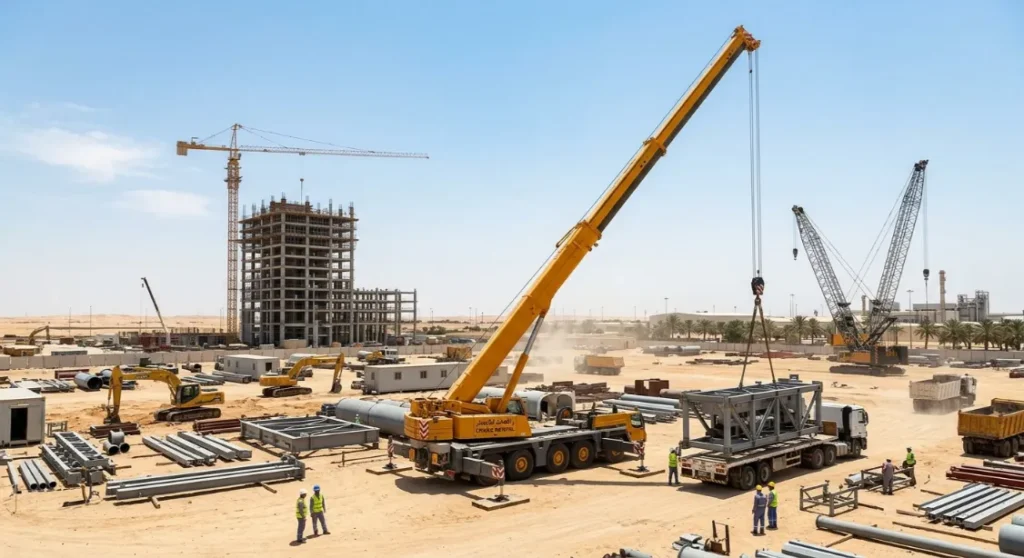A busy construction and industrial site in the desert near Riyadh, Saudi Arabia, featuring multiple active cranes