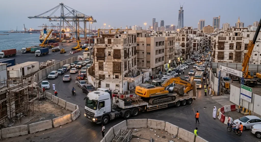 Equipment Logistics for Jeddah Construction Sites: Port Access and Urban Constraints 1 A heavy flatbed trailer truck carrying a large excavator navigating congested, narrow urban streets in Jeddah, with Jeddah Islamic Port cranes and modern skyline buildings visible in the background.