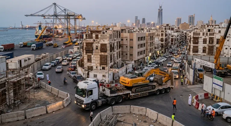 Blog 4 A heavy flatbed trailer truck carrying a large excavator navigating congested, narrow urban streets in Jeddah, with Jeddah Islamic Port cranes and modern skyline buildings visible in the background.