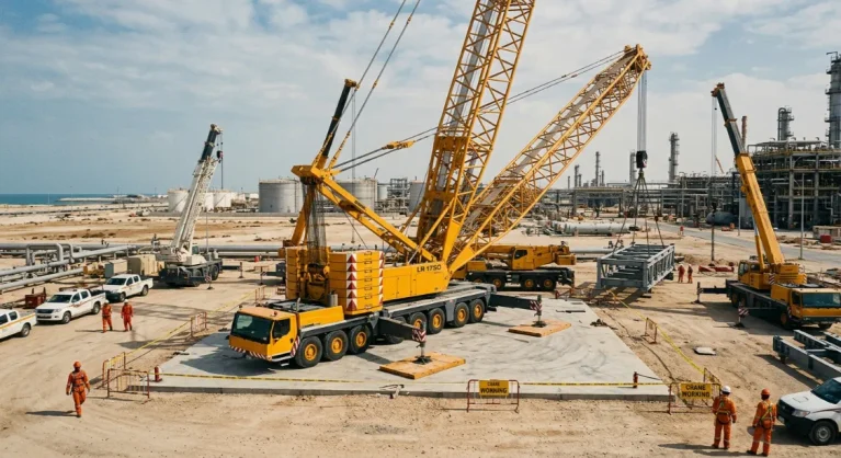 Blog 2 Heavy industrial mobile and lattice boom cranes lifting heavy steel structures at an oil refinery facility in Jubail, surrounded by safety barriers and workers in PPE.