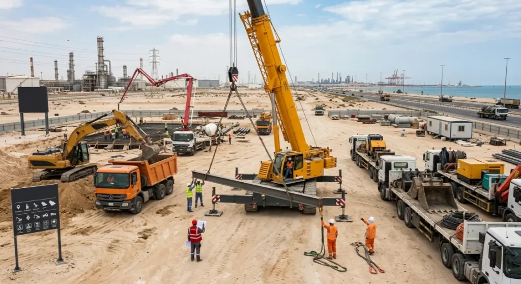 Heavy machinery operating on a desert site.