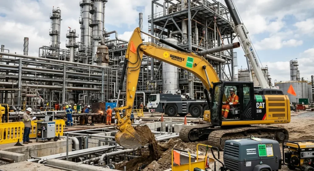 Equipment Rental for Petrochemical Construction in the Eastern Province 1 construction worker in complete safety gear inspects a green rented excavator in a complex petrochemical facility with large distillation columns and pipes.