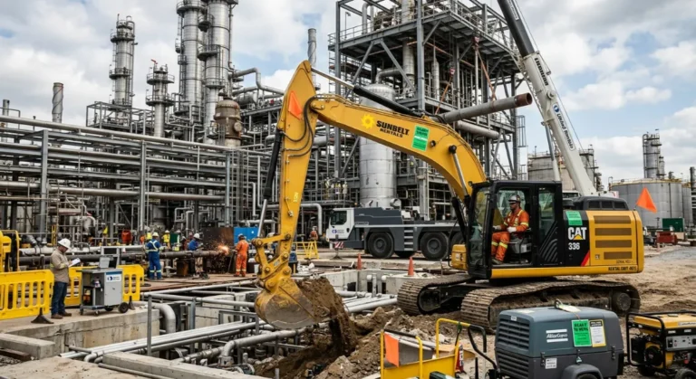 Blog 3 construction worker in complete safety gear inspects a green rented excavator in a complex petrochemical facility with large distillation columns and pipes.