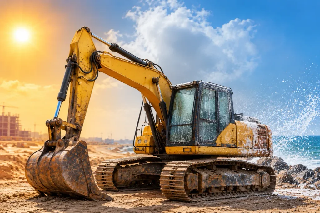 Equipment Rental for Petrochemical Construction in the Eastern Province 2 excavator exposed to extreme heat, humidity, and salty sea air, causing rust and corrosion on construction equipment.