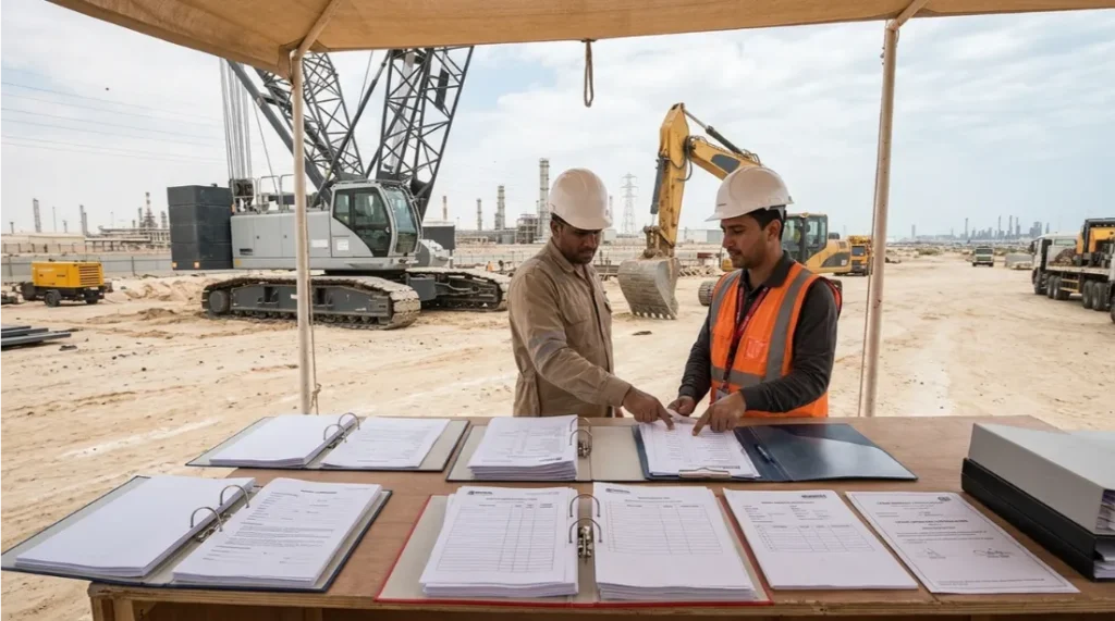 Construction site managers review safety documents.